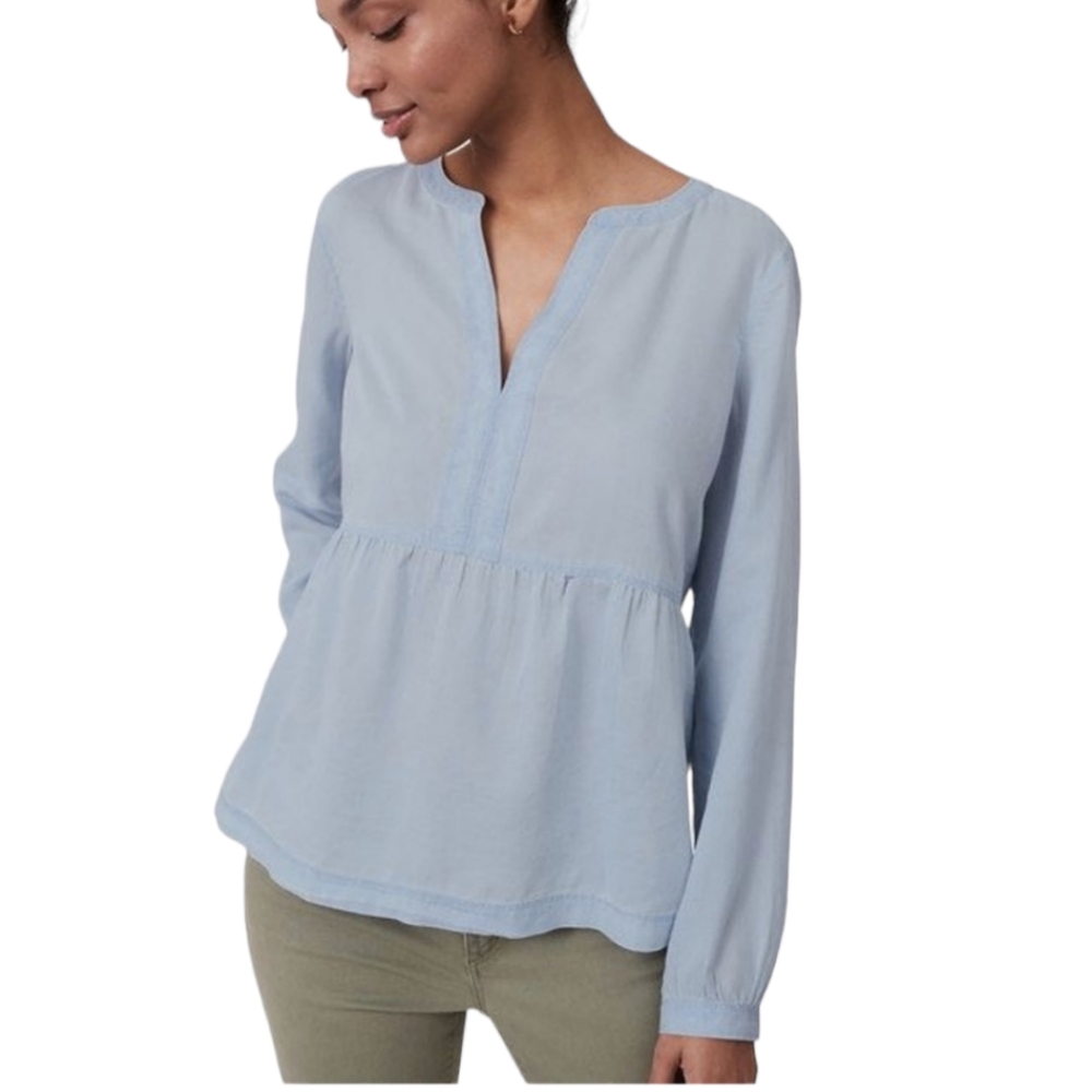 LOFT The Softened Light Blue Chambray Babydoll Top Size Small